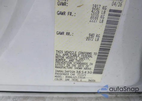 2016 Nissan Altima 2.5/2.5 S/2.5 Sl/2.5 Sr/2.5 Sv из США, поврежденный, VIN 1N4AL3AP1GN365430